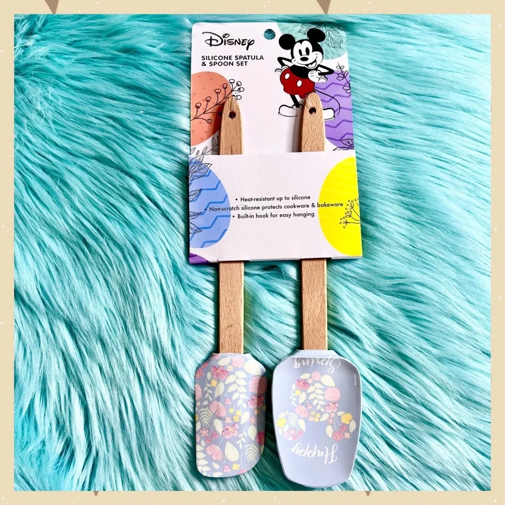 Disney Mickey Floral Silicone Spatula & Spoon Set Wooden Handles